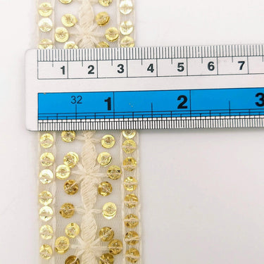 Nine Yards White Net Lace Trim Floral Embroidered With Gold Sequins, Sequinned Trim, Wedding Trim Bridal Trim